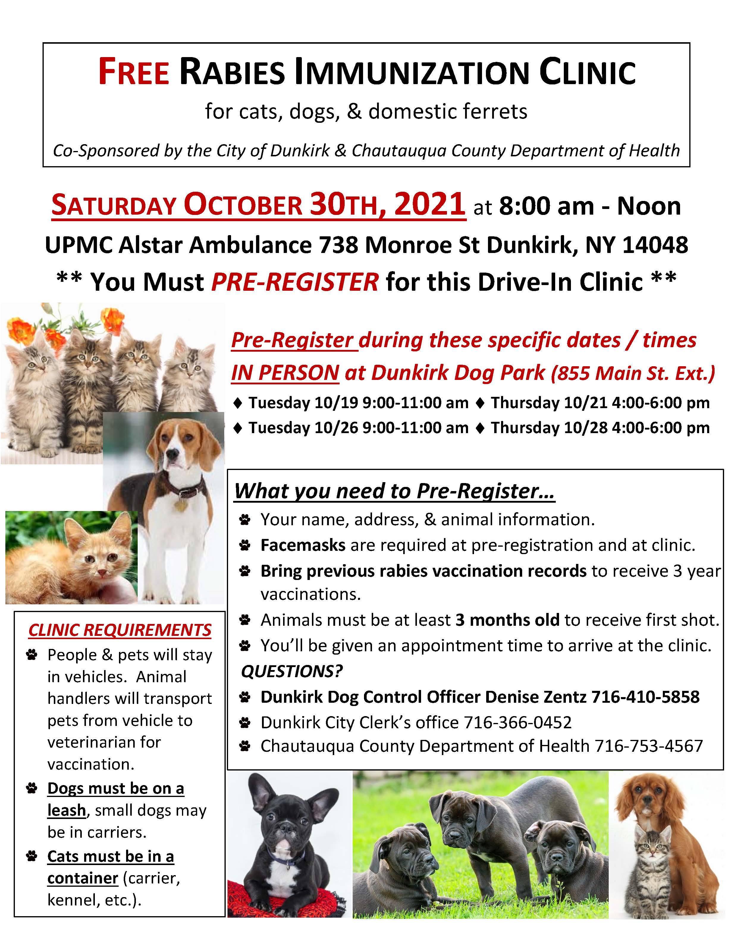 City Of Dunkirk And Chautauqua County Department Of Health To Put On Free  Rabies Clinic October 30 - Chautauqua County Humane Society