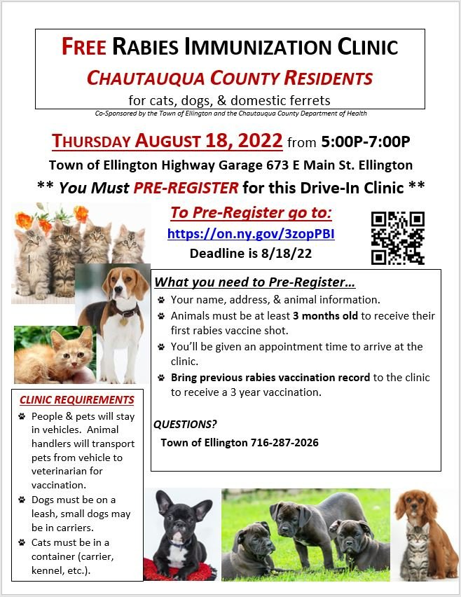 Chautauqua County Health Department To Hold Rabies Clinic August 18 -  Chautauqua County Humane Society